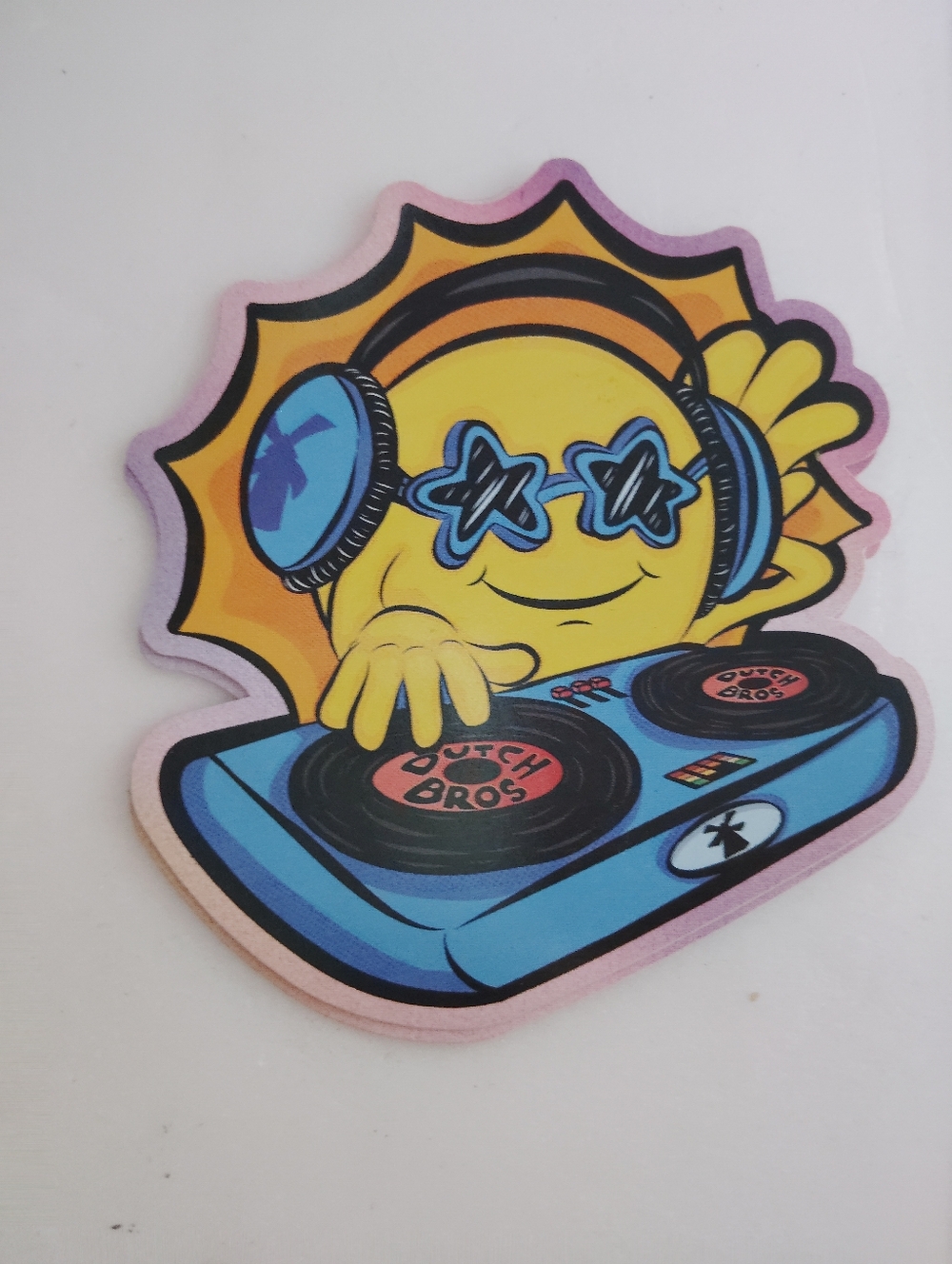 Dutch Bros Yellow Sun DJ Sticker With Turntable